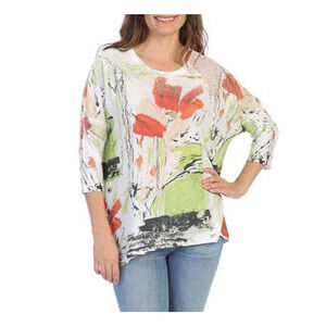 Jess & Jane‎ Asymmetrical Tunic Top Womens L Watercolor Poppies 3/4 Sleeve